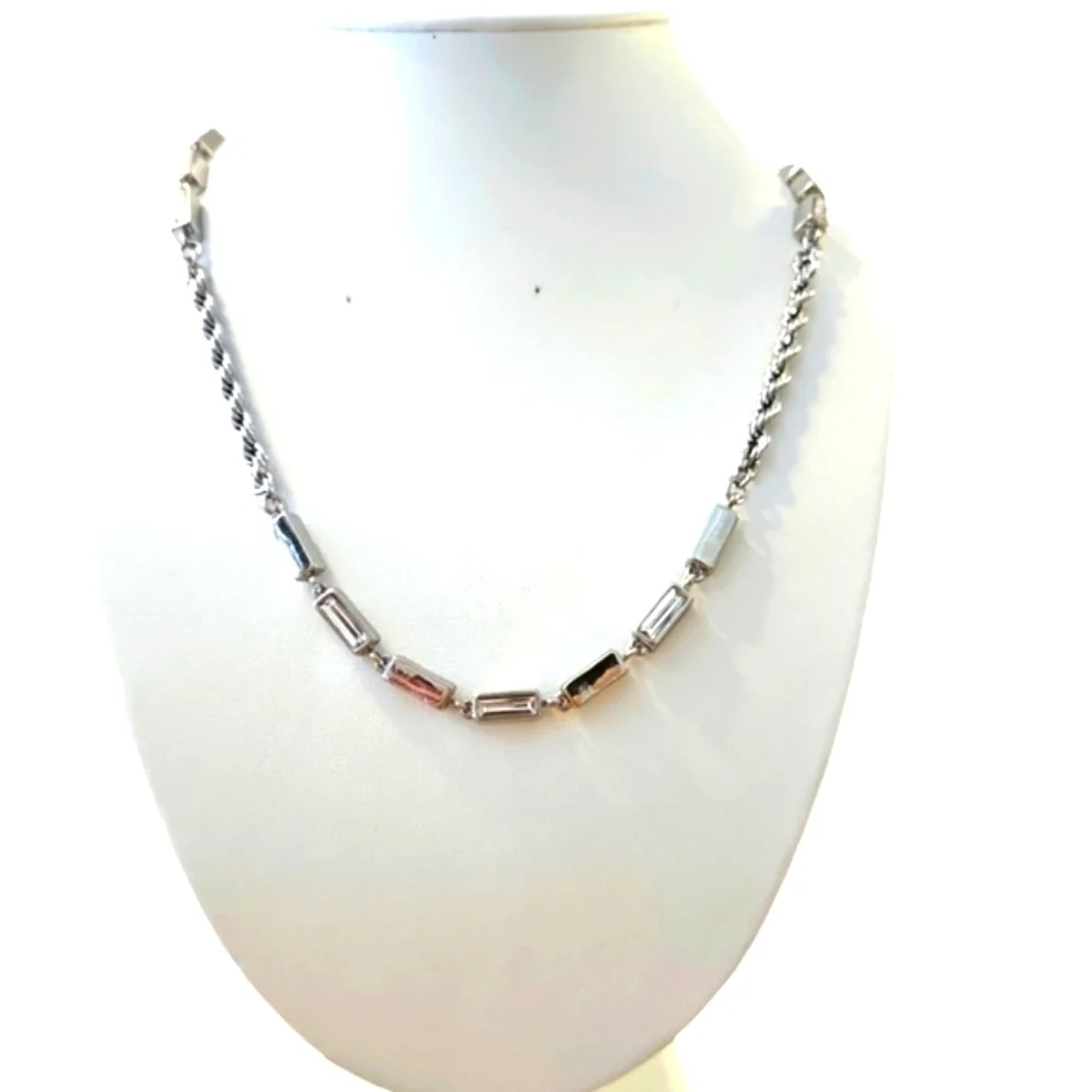 Banana Republic Necklace Silver Tone Rope Twist Chain Station CZ Beads